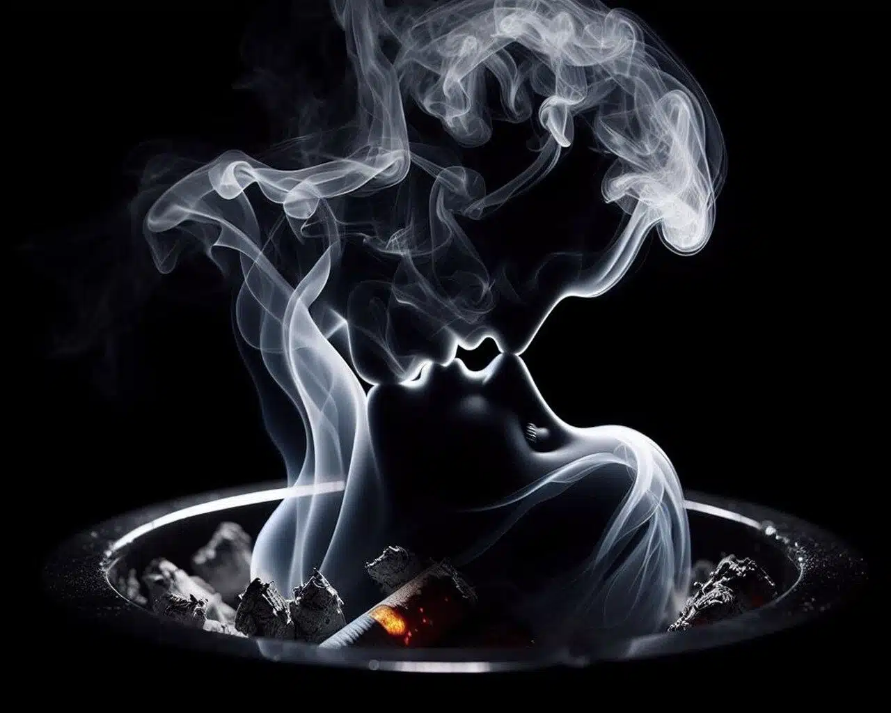 The image shows smoke silhouettes of a man and woman kissing which conveys the sensual message in this poem titled "In my mind"