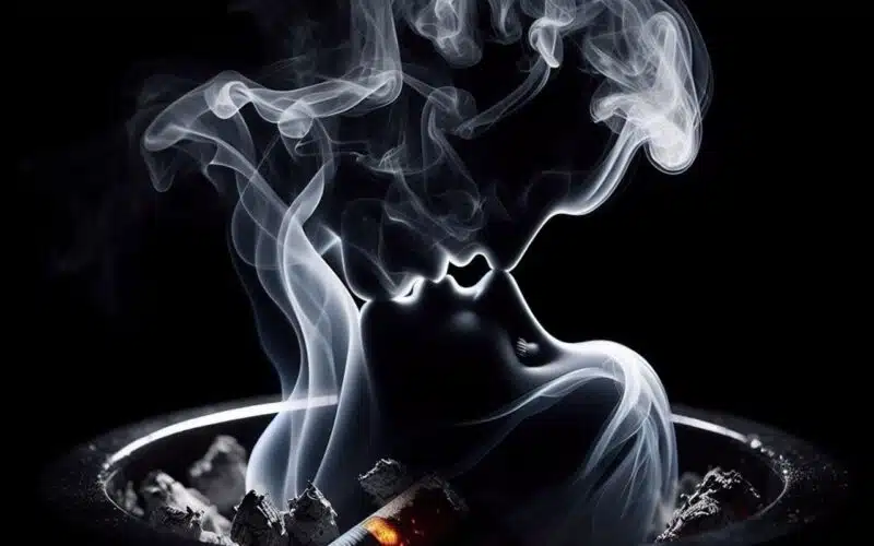 The image shows smoke silhouettes of a man and woman kissing which conveys the sensual message in this poem titled "In my mind"