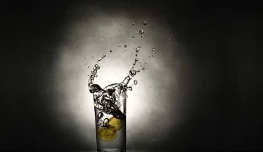 A refreshing glass of water with lemon slices, creating a splash. Poem: Into a winter.