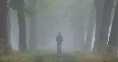 Lost in the fog, a man takes gentle steps, immersed in a serene atmosphere. A captivating moment symbolizing innocence.