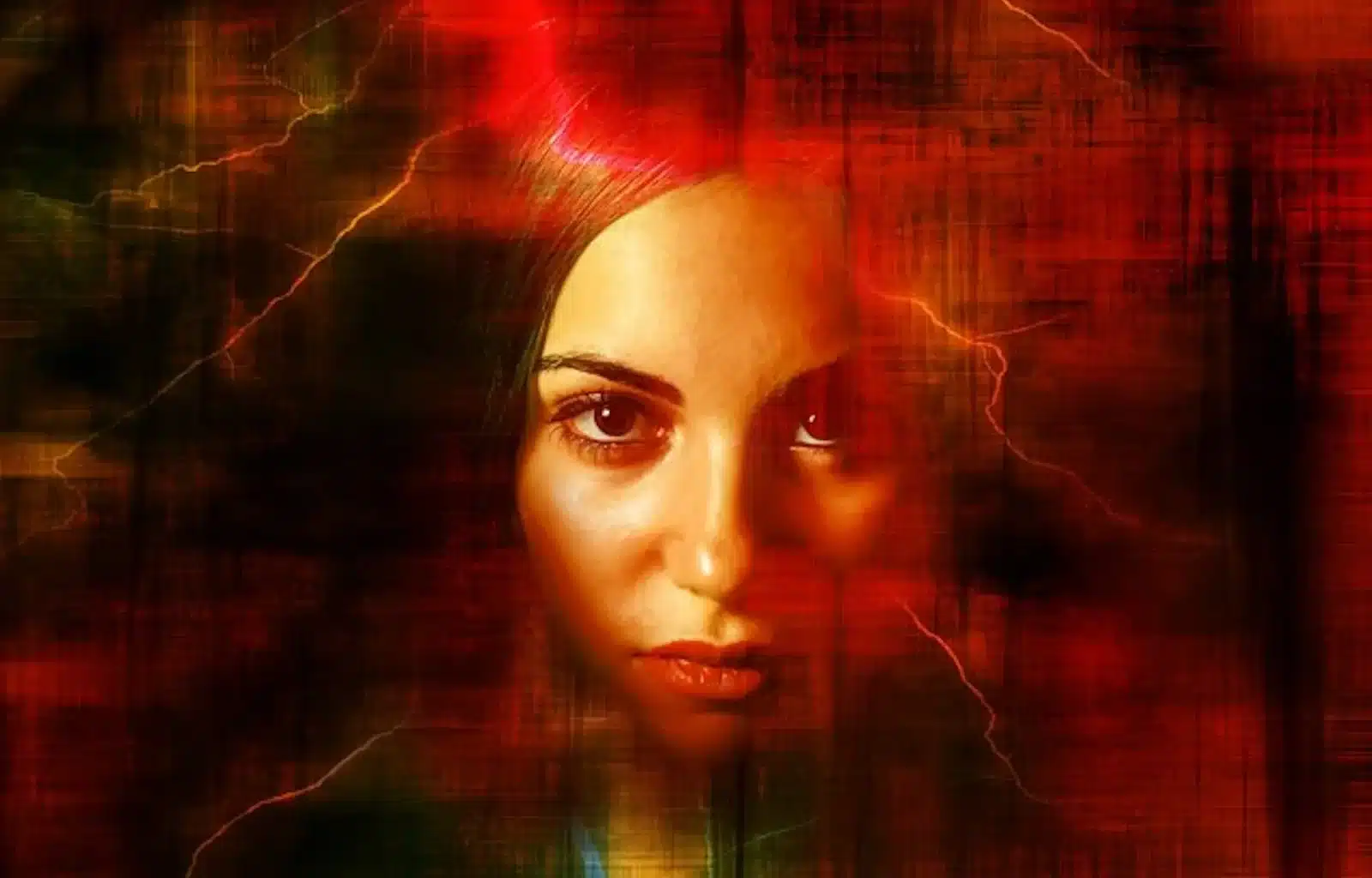 A woman stands in the center of a lightning storm against a red and black background.It also shows seduction by desire and the allure of the night, entangled in passion and longing, left with only memories and the blues.