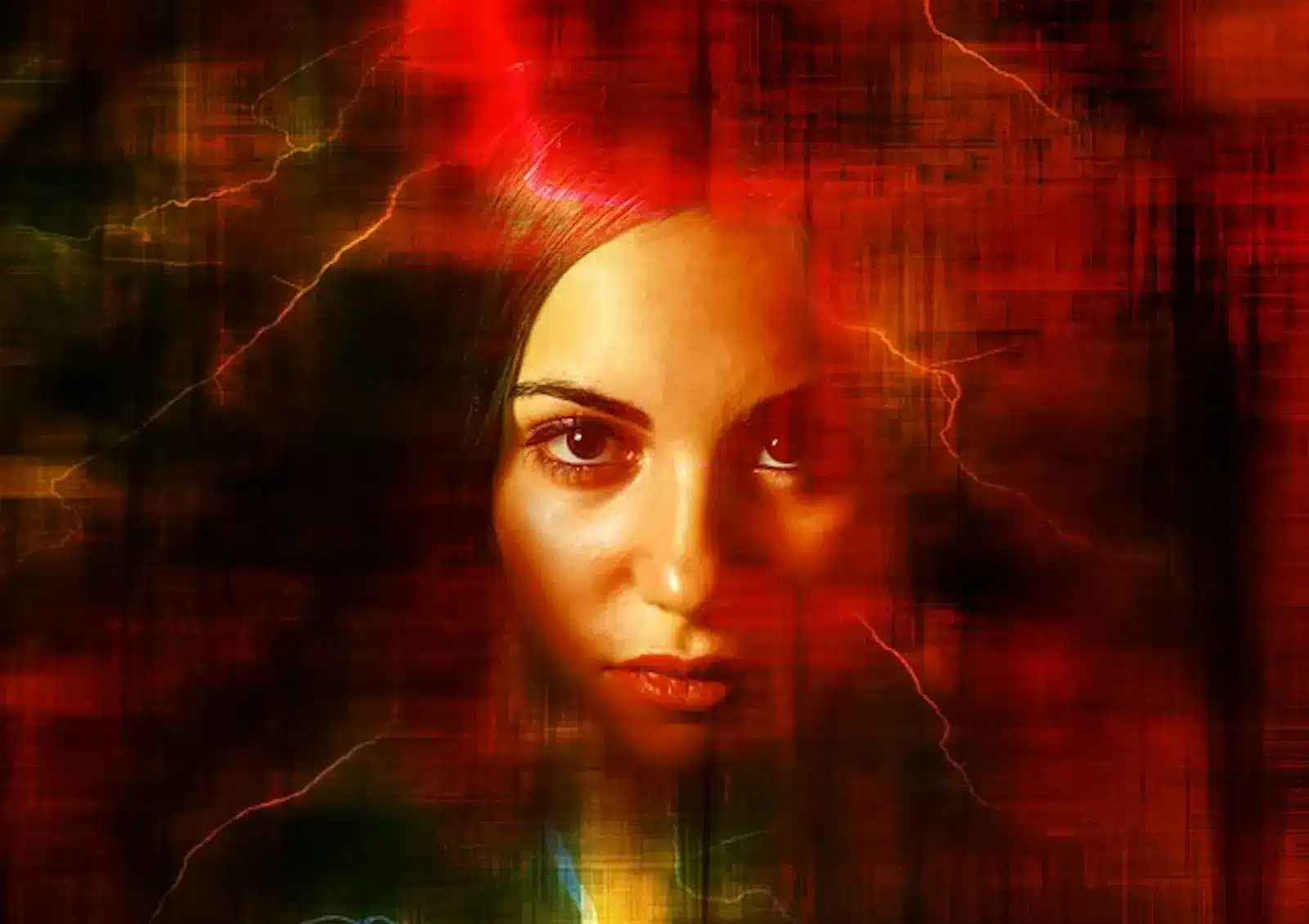 A woman stands in the center of a lightning storm against a red and black background.It also shows seduction by desire and the allure of the night, entangled in passion and longing, left with only memories and the blues.