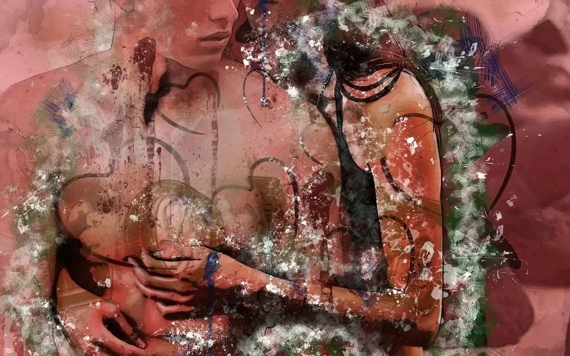 Graffiti-covered man and woman in a painted artwork.it shows when A person calls an ex on a lonely night, despite knowing their volatile history