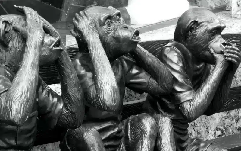 Three monkeys on a bench, hands on heads, pondering love's complexities, wrestling doubts and fears, seeking genuine connection