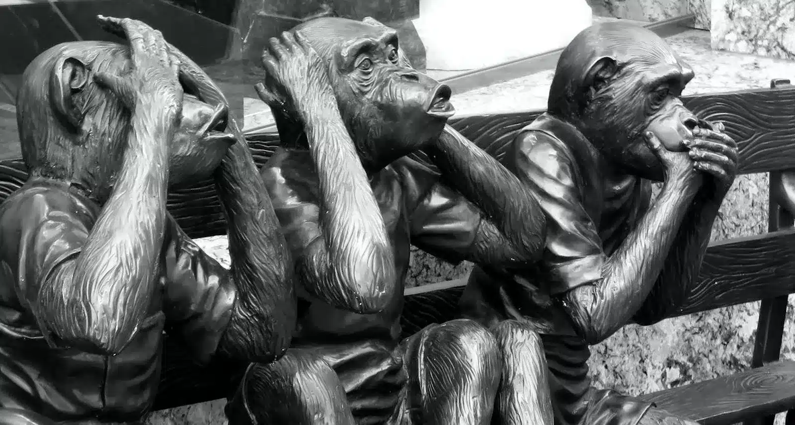 Three monkeys on a bench, hands on heads, pondering love's complexities, wrestling doubts and fears, seeking genuine connection