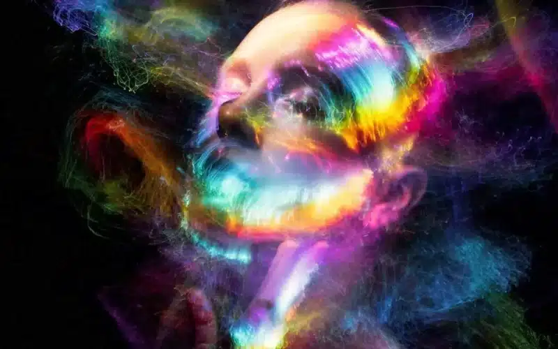 Image of a woman with colorful smoke swirling around her face, embodying strength and faith in the face of destiny.