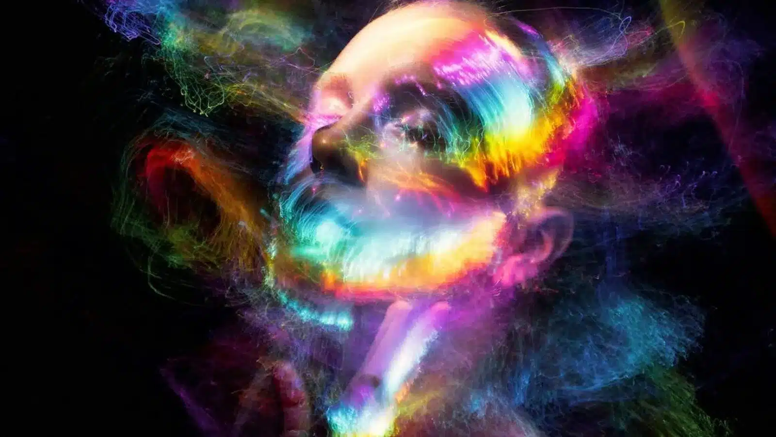 Image of a woman with colorful smoke swirling around her face, embodying strength and faith in the face of destiny.