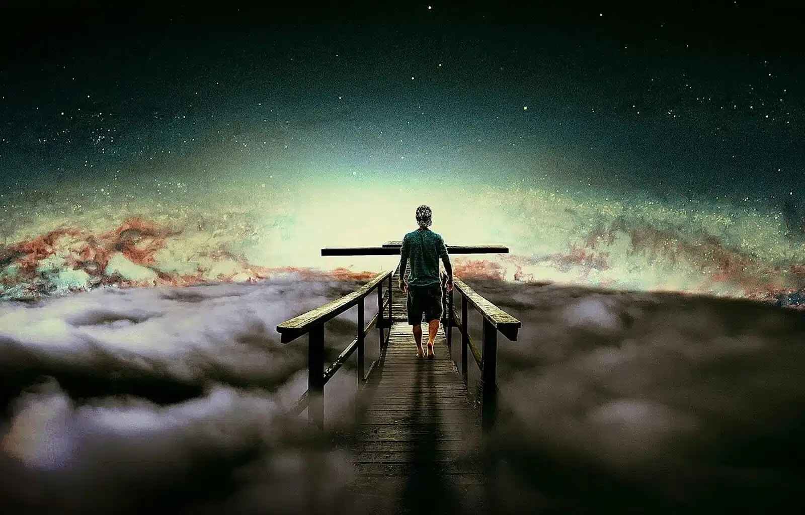A man standing on a bridge, contemplating life's mysteries under a cloudy sky