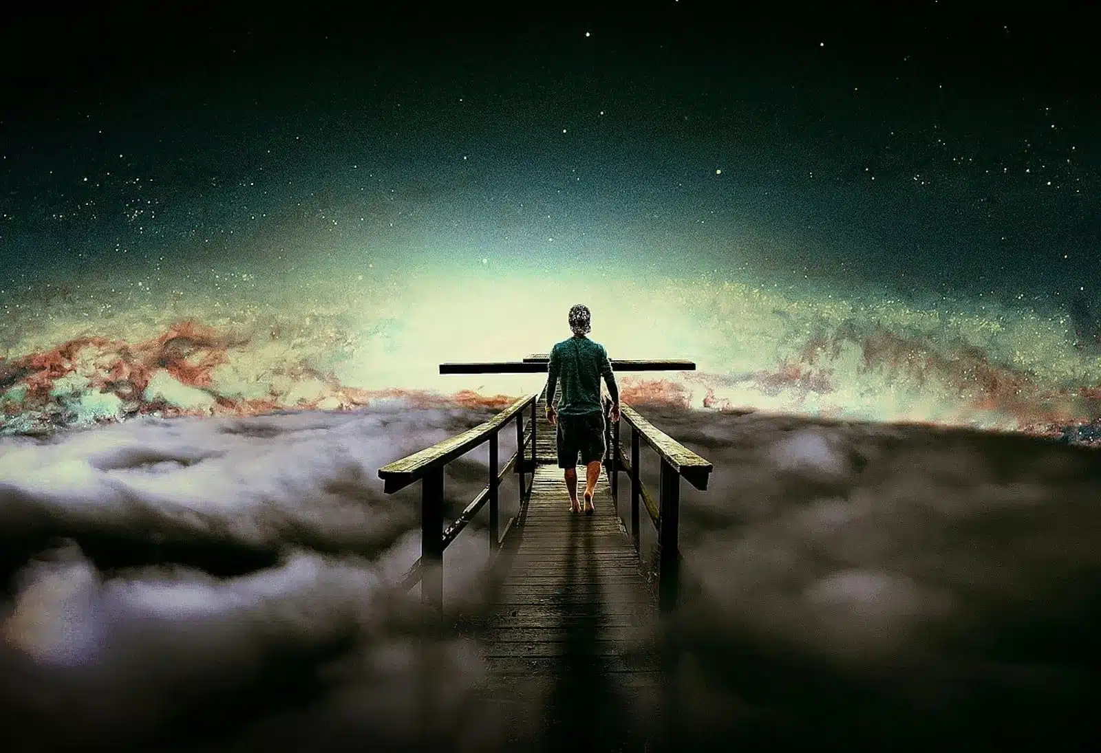 A man standing on a bridge, contemplating life's mysteries under a cloudy sky