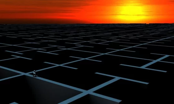 Image of a computer-generated maze with a sunset in the background, symbolizing longing and the desire to break free from the cycle of existence.