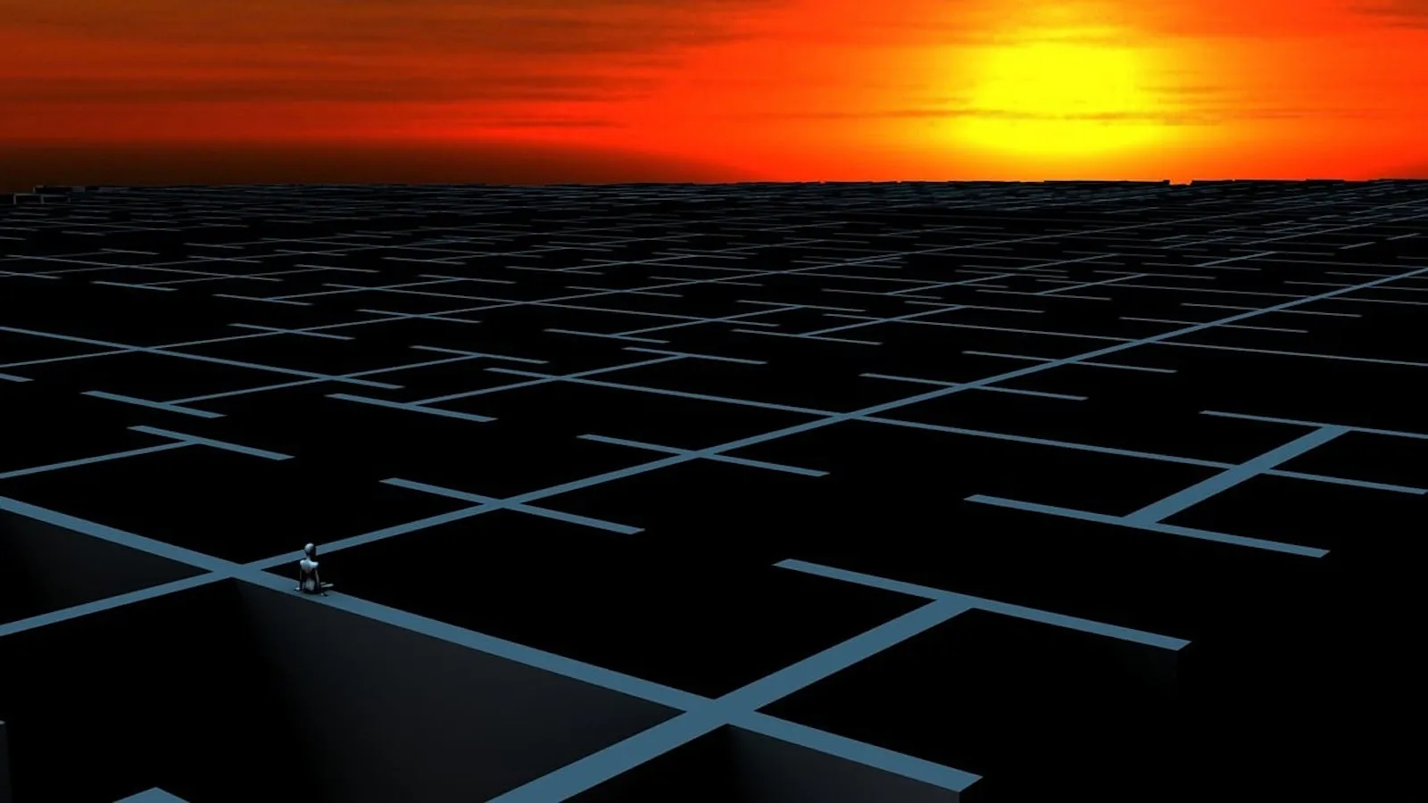 Image of a computer-generated maze with a sunset in the background, symbolizing longing and the desire to break free from the cycle of existence.