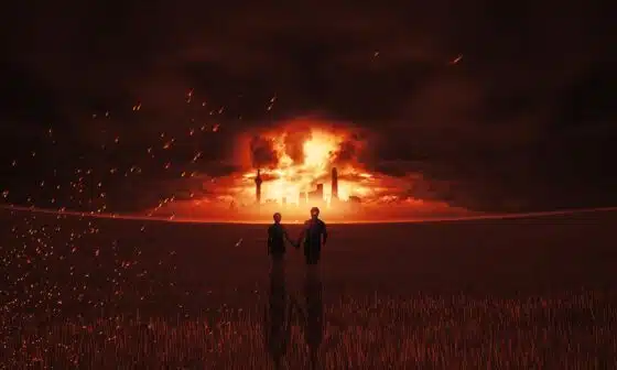 Image of a couple walking away from flyer. Conveying the explosive theme of the story Hunted to the Brink