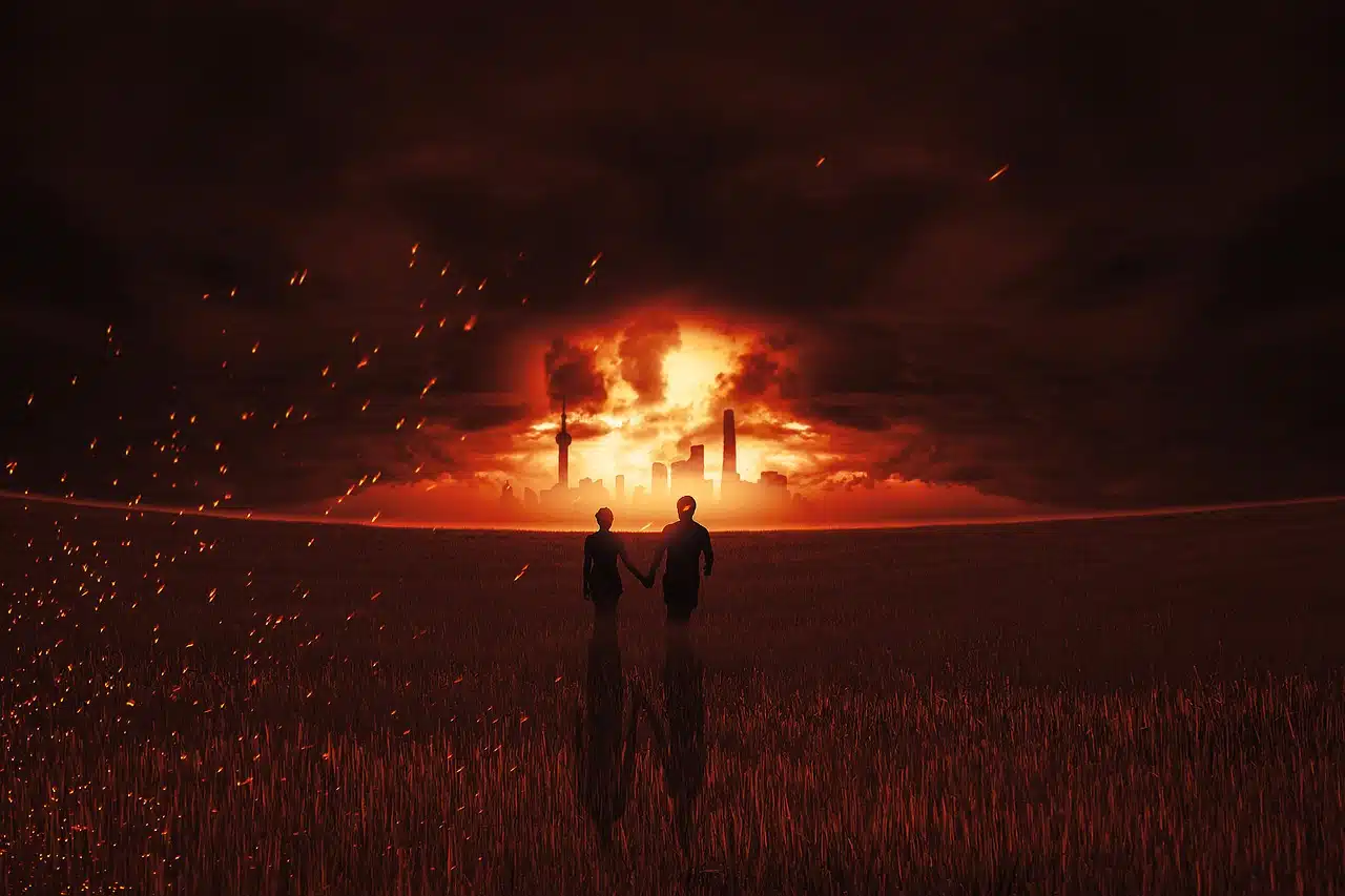 Image of a couple walking away from flyer. Conveying the explosive theme of the story Hunted to the Brink