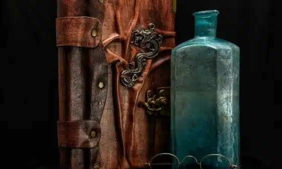 Image of abook, bottle, and glasses on a table.To go along with the story Severed Entanglement: Ritual of Eternal Temptation The Adventures of Griffin and Karen