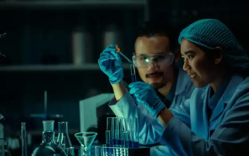 Image of Two scientists in lab coats conducting an experiment with a test tubeto go along with the “Back to the Lab: The Adventures of Griffin and Karen Exp 5