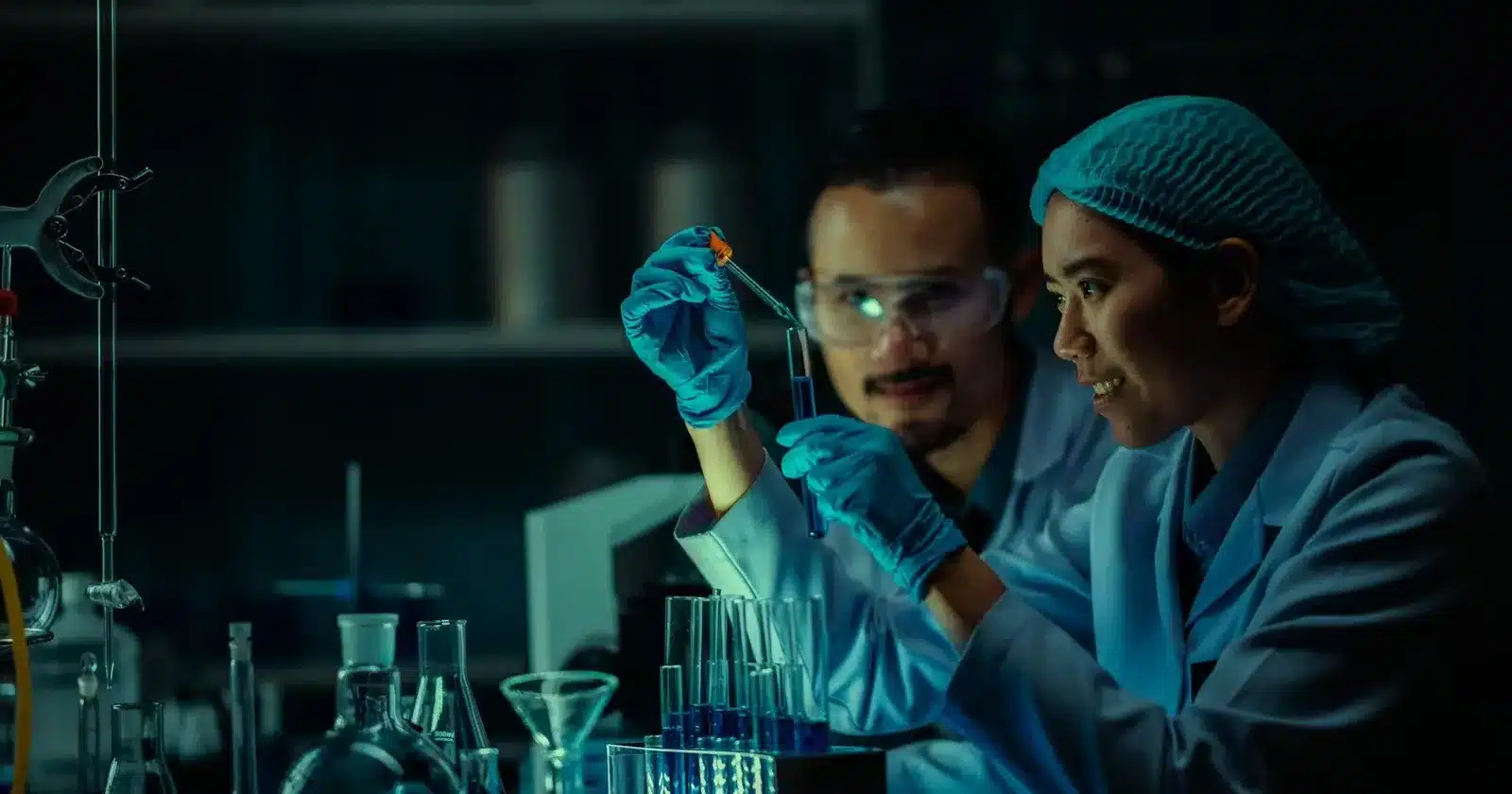 Image of Two scientists in lab coats conducting an experiment with a test tubeto go along with the “Back to the Lab: The Adventures of Griffin and Karen Exp 5
