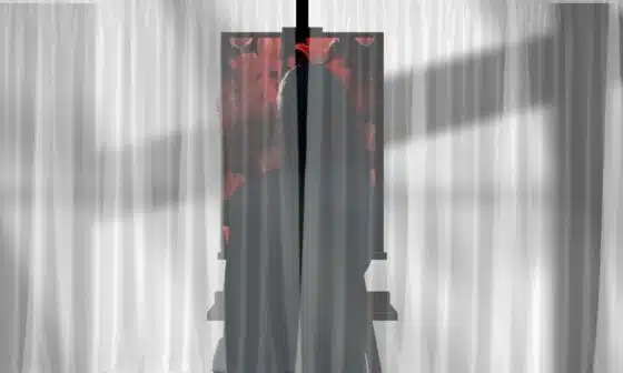 The image shows a figure hidden behind a curtain, just out of reach. This is The Bloody Tulip, the character that this short story series follow.