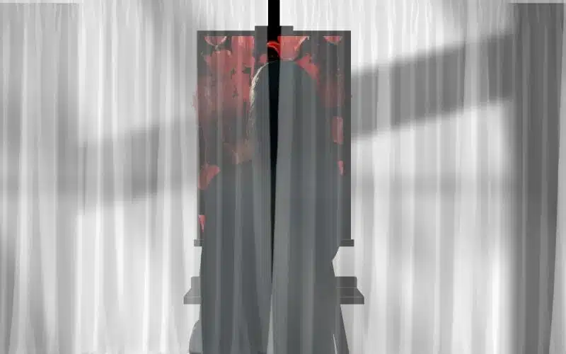 The image shows a figure hidden behind a curtain, just out of reach. This is The Bloody Tulip, the character that this short story series follow.