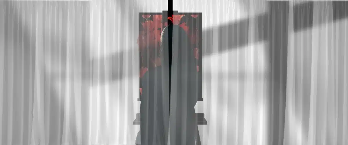 The image shows a figure hidden behind a curtain, just out of reach. This is The Bloody Tulip, the character that this short story series follow.