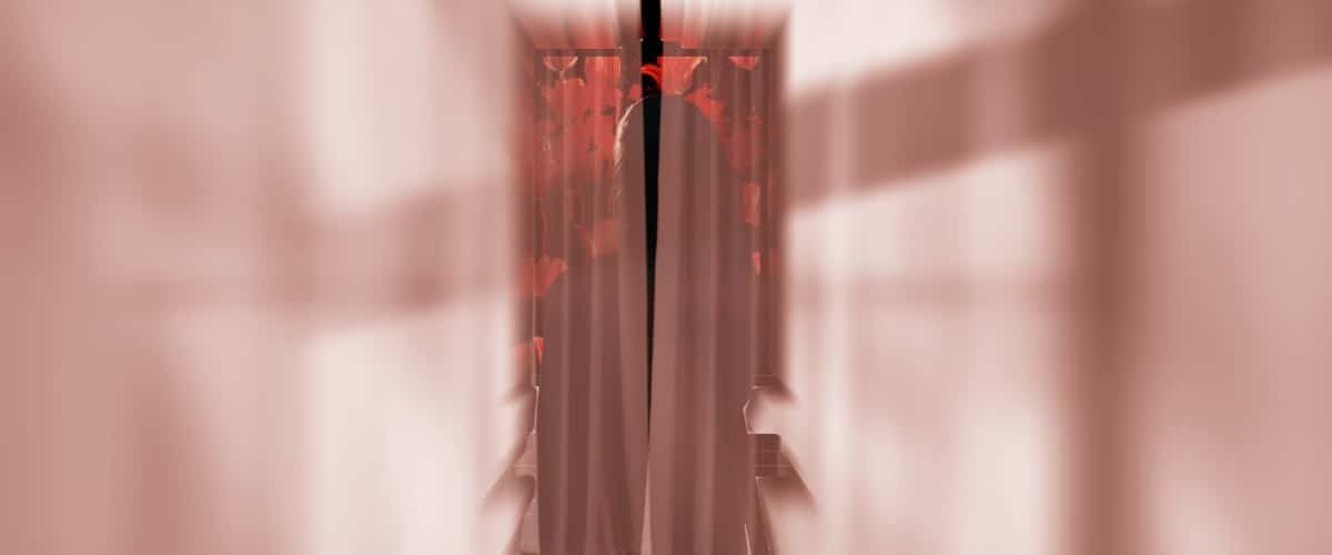 Image of a someone behind a curtain painting a picture.