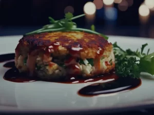 A close-up of an elegantly plated crab cake appetizer with a dark, ominous shadow looming over it. The image conveys the dark, deceptive and dangerous theme of the bloody tulip - Part 7