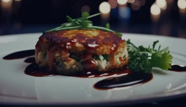 A close-up of an elegantly plated crab cake appetizer with a dark, ominous shadow looming over it. The image conveys the dark, deceptive and dangerous theme of the bloody tulip - Part 7