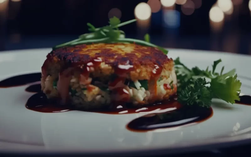 A close-up of an elegantly plated crab cake appetizer with a dark, ominous shadow looming over it. The image conveys the dark, deceptive and dangerous theme of the bloody tulip - Part 7