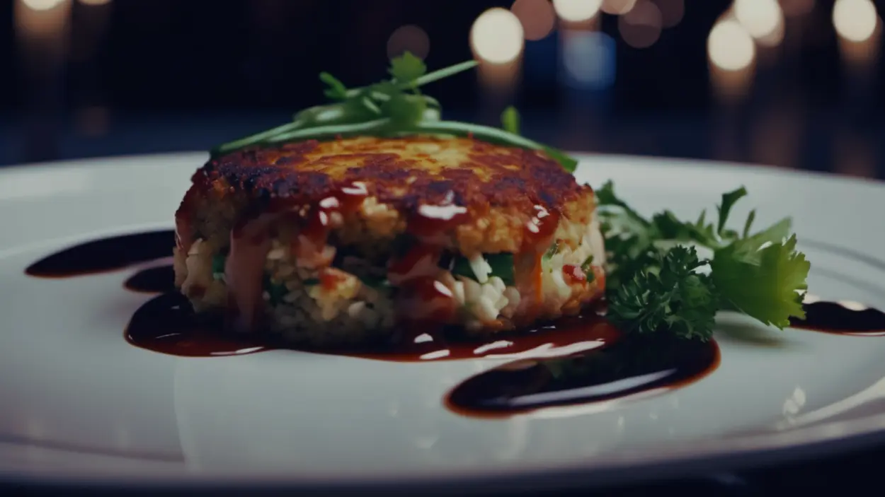 A close-up of an elegantly plated crab cake appetizer with a dark, ominous shadow looming over it. The image conveys the dark, deceptive and dangerous theme of the bloody tulip - Part 7