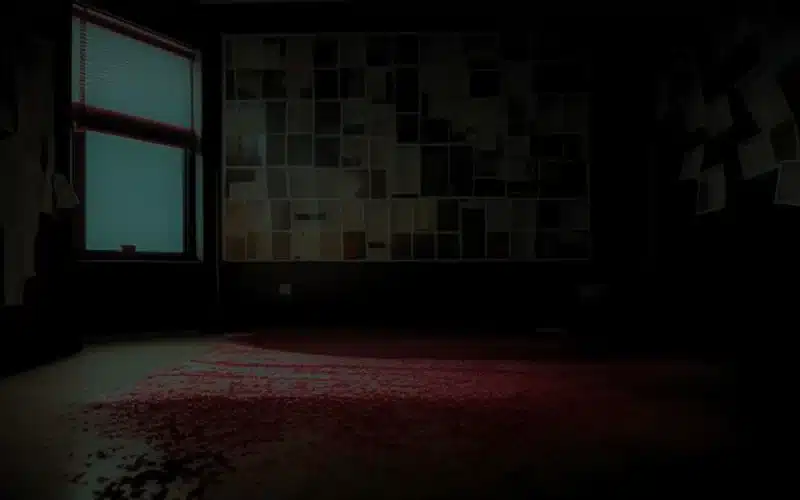 An image of a dark room with an ominous feel that shows the walls being used to hang evidence for an investigation