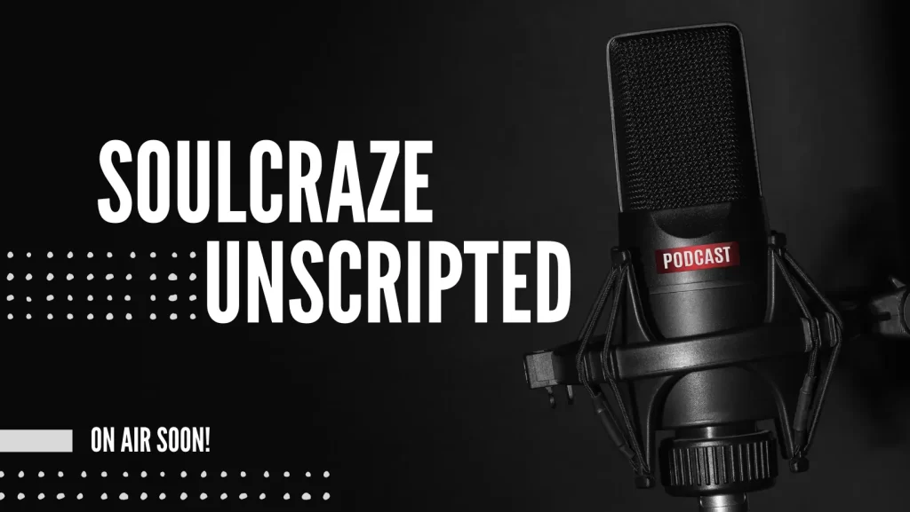 Image showing a mic on a black background for the podcast 'Soulcraze Unscripted'. The Podcast and Vlog hosting Talk Shows and Murder Mystery Stories