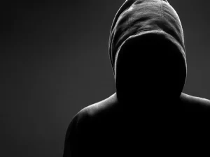 Image of a suspicious figure dressed in a hoodie against a black background, the image accurately depicts what is occurring in this installment of the bloody tulip murder mystery story.