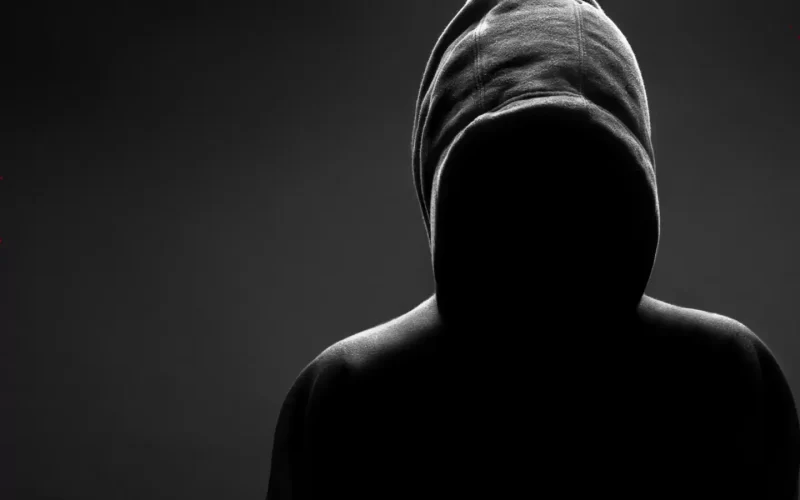 Image of a suspicious figure dressed in a hoodie against a black background, the image accurately depicts what is occurring in this installment of the bloody tulip murder mystery story.