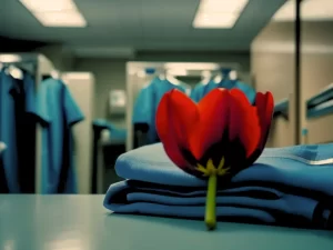 Single red tulip on top of blue surgery scrubs inside an open hospital staff locker, representing eerie suspense in 'Whispers from the Past: The Bloody Tulip – Part X