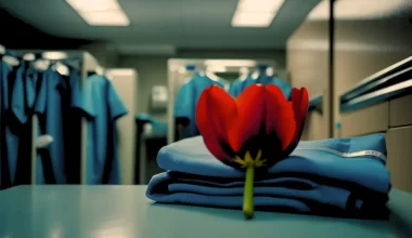 Single red tulip on top of blue surgery scrubs inside an open hospital staff locker, representing eerie suspense in 'Whispers from the Past: The Bloody Tulip – Part X