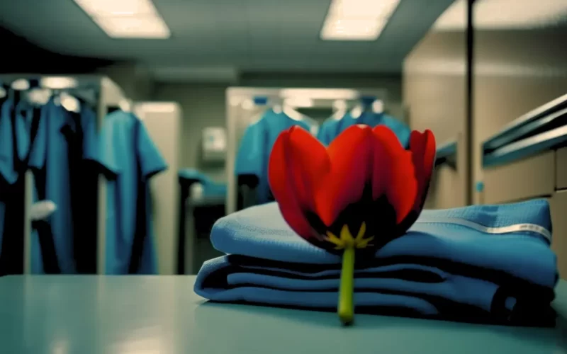 Single red tulip on top of blue surgery scrubs inside an open hospital staff locker, representing eerie suspense in 'Whispers from the Past: The Bloody Tulip – Part X