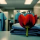 Single red tulip on top of blue surgery scrubs inside an open hospital staff locker, representing eerie suspense in 'Whispers from the Past: The Bloody Tulip – Part X