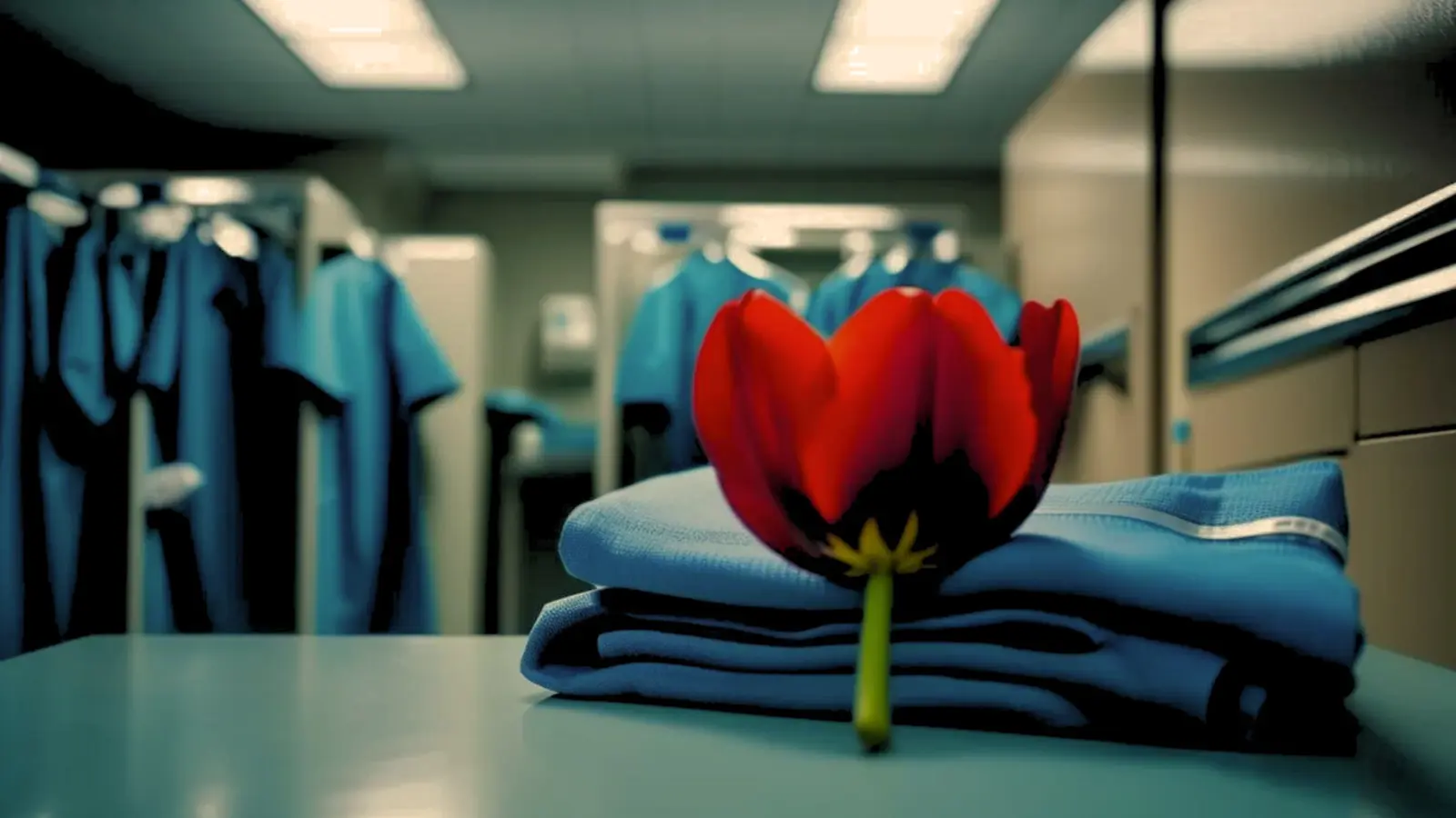 Single red tulip on top of blue surgery scrubs inside an open hospital staff locker, representing eerie suspense in 'Whispers from the Past: The Bloody Tulip – Part X