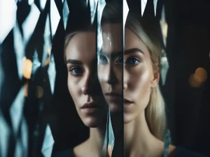 The image shows a fragmented glass with three different images of the same woman, similar to one of the main characters in the 12th installment of the Bloody Tulip series