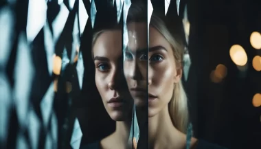 The image shows a fragmented glass with three different images of the same woman, similar to one of the main characters in the 12th installment of the Bloody Tulip series