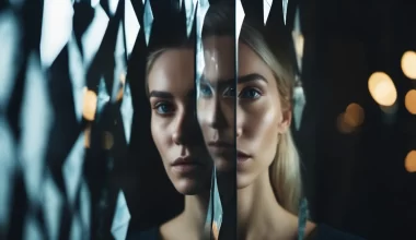 The image shows a fragmented glass with three different images of the same woman, similar to one of the main characters in the 12th installment of the Bloody Tulip series