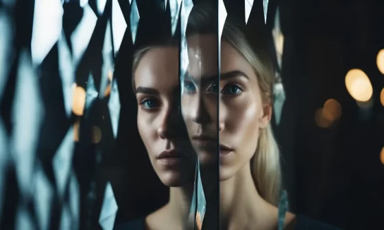 The image shows a fragmented glass with three different images of the same woman, similar to one of the main characters in the 12th installment of the Bloody Tulip series