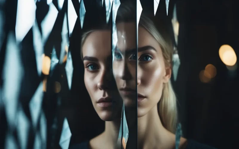 The image shows a fragmented glass with three different images of the same woman, similar to one of the main characters in the 12th installment of the Bloody Tulip series