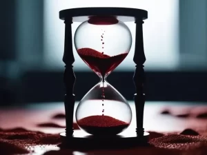 An hourglass with red sand trickling down, casting a blood-like shadow across a table to go along with the theme of Part 11 of the bloody Tulip short story series