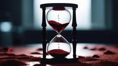 An hourglass with red sand trickling down, casting a blood-like shadow across a table to go along with the theme of Part 11 of the bloody Tulip short story series