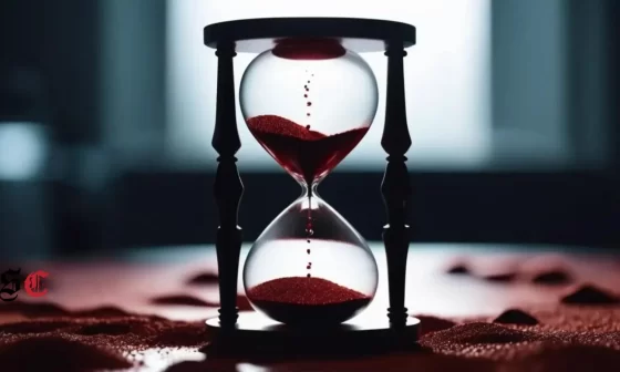 An hourglass with red sand trickling down, casting a blood-like shadow across a table to go along with the theme of Part 11 of the bloody Tulip short story series