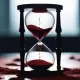 An hourglass with red sand trickling down, casting a blood-like shadow across a table to go along with the theme of Part 11 of the bloody Tulip short story series