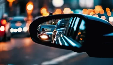 Image showing a closeup of a car's rear view mirror showing a dark sedan following closely behind, reflecting the paranoia and tension Olivia feels in Part 14 of the bloody tulip short story series "Lethal Blooms".