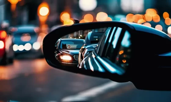 Image showing a closeup of a car's rear view mirror showing a dark sedan following closely behind, reflecting the paranoia and tension Olivia feels in Part 14 of the bloody tulip short story series "Lethal Blooms".