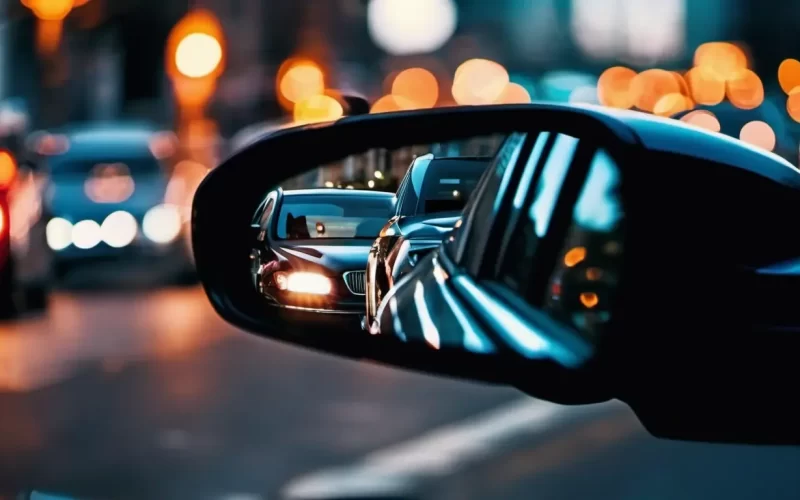 Image showing a closeup of a car's rear view mirror showing a dark sedan following closely behind, reflecting the paranoia and tension Olivia feels in Part 14 of the bloody tulip short story series "Lethal Blooms".