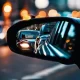 Image showing a closeup of a car's rear view mirror showing a dark sedan following closely behind, reflecting the paranoia and tension Olivia feels in Part 14 of the bloody tulip short story series "Lethal Blooms".